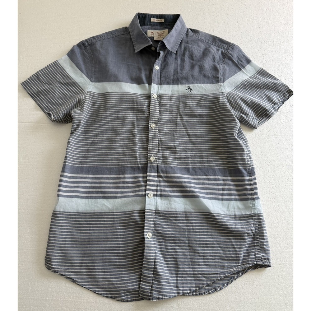 Penguin Heritage Slim Fit Short Sleeve Blue Striped Button Down Shirt MEDIUM